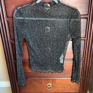 Zara Sheer Mock Neck Long Sleeve Black Metallic Top Medium